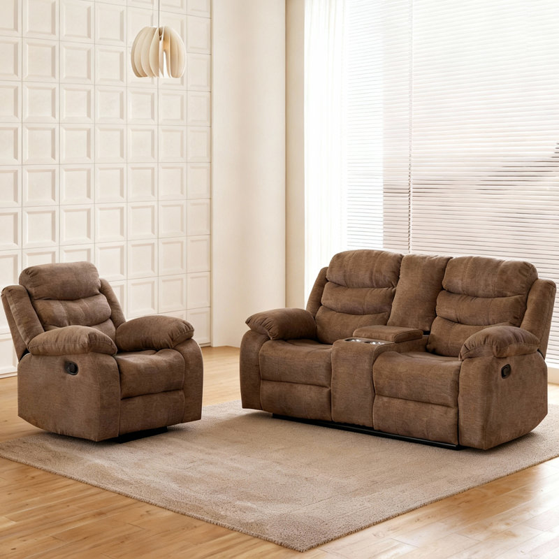 Ensemble inclinable en polyester: fauteuil inclinable manuel et causeuse avec rangement et porte-gobelets, Brun