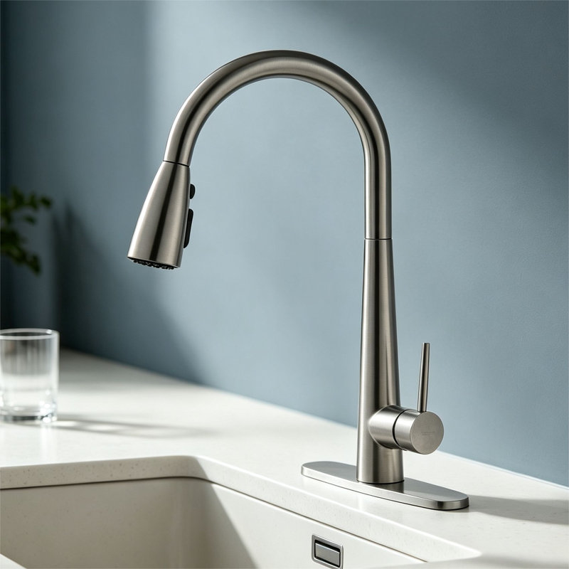 Topcraft Single Handle Single Hole Pull Down Kitchen Sink Faucet with Deck Plate, Brushed Nickel