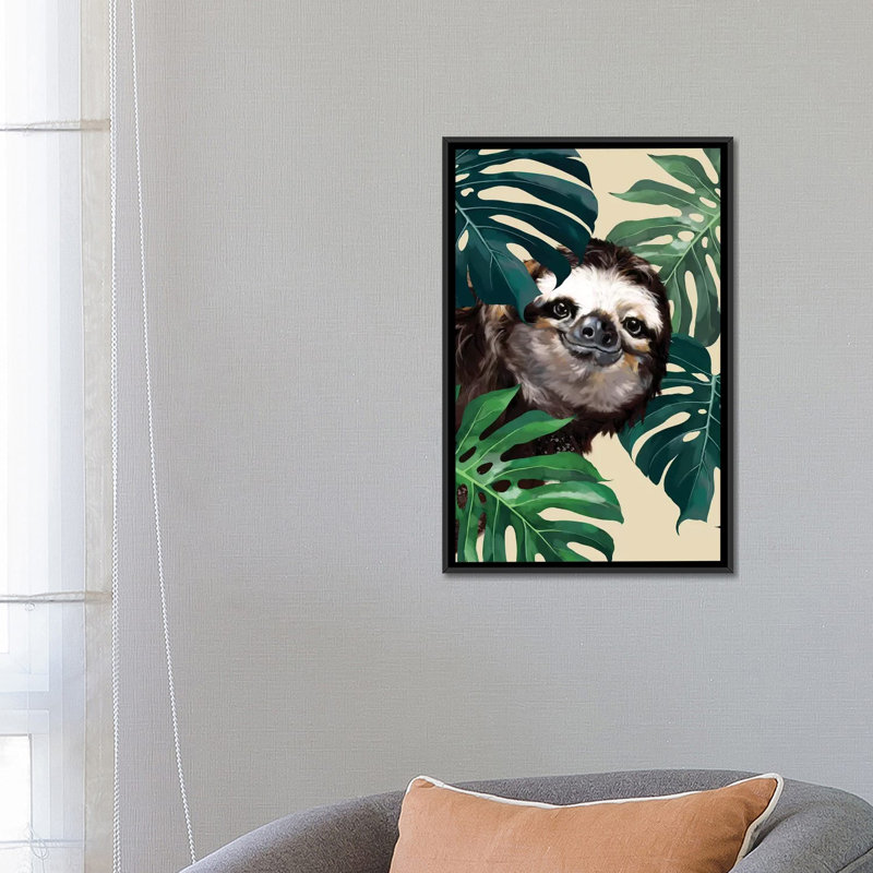 Sloth furtif avec monstera, H 26 po x l 18 po x P 1,5 po, Toile avec cadre noir