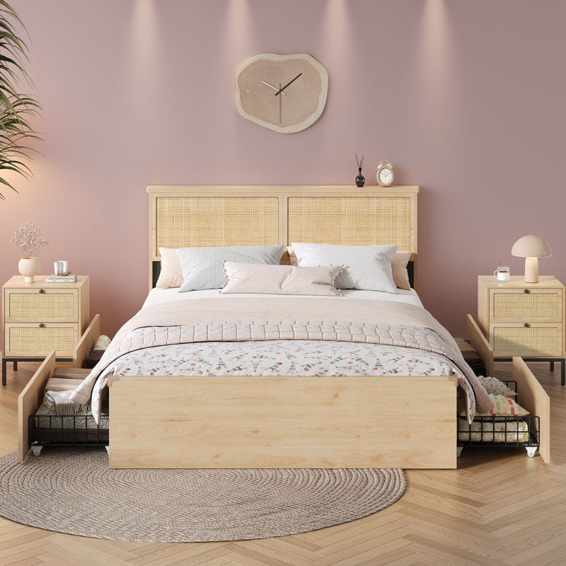 Boho Natural Rattan Bedroom Set, Très grand lit, Trois pièces : lit, 2 tables de chevet