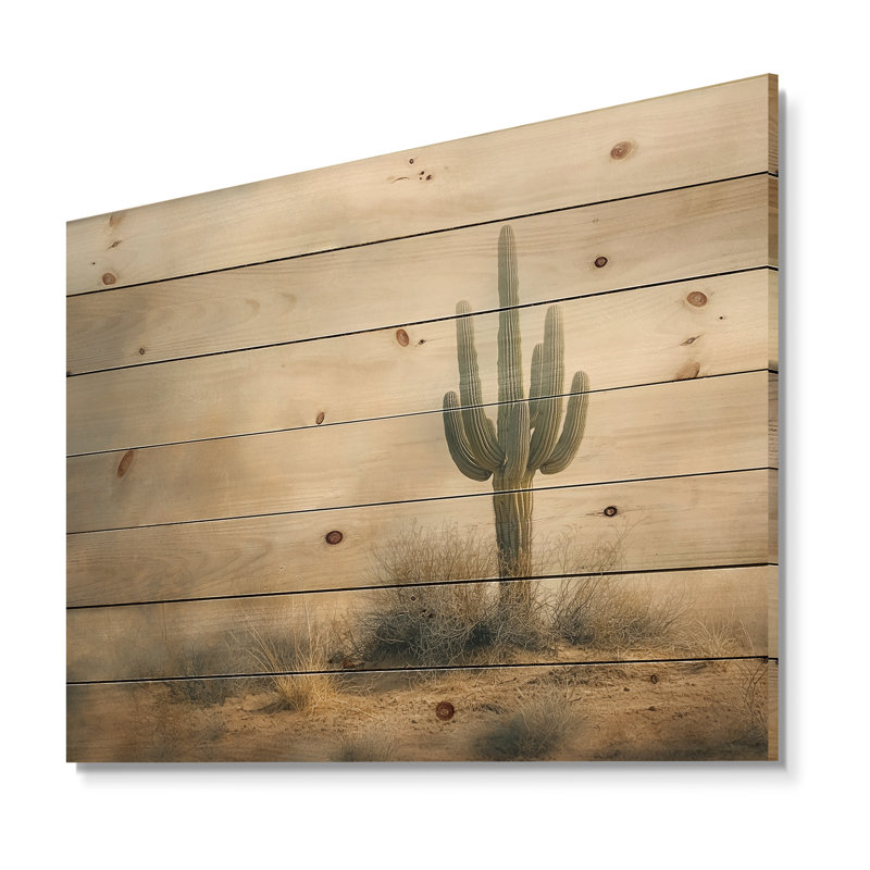 Cactus Sandstorm II - Floral Cactus Wood Wall Decor - On Natural Pine Wood, 30" H x 40" W x 0.78" D