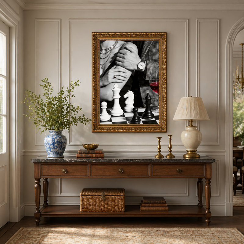 Art mural en toile noyer doré encadré pour le salon, la chambre à coucher, le bureau ou le vestibule - Décoration murale décorative avec jeu d'échecs