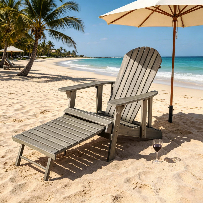 Weathered Gray Malibu Folding Acacia Wood Adirondack Chair With Ottoman, Weather-Resistant Outdoor Patio Chair, For Backyard, Garden, Deck, Poolside