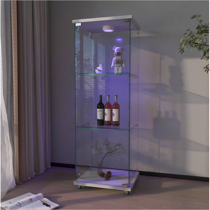 Vitrine moderne en verre avec lumières DEL, assemblage rapide, tablettes en verre trempé, idéal pour les salons et les chambres à coucher, 1 porte à 3 tablettes, blanc