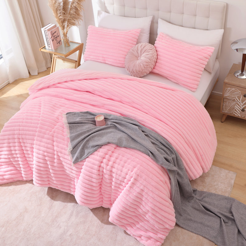 Fluffy Comforter Set 3 Pieces- All Seasons Heavy Faux Fur Comforter With Two Pillowcases, Pink