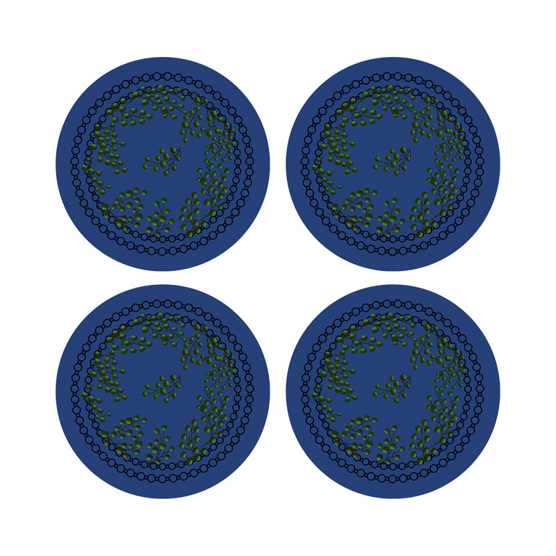 Christmas Berries Vegan Leather Round Coasters, Green Blue