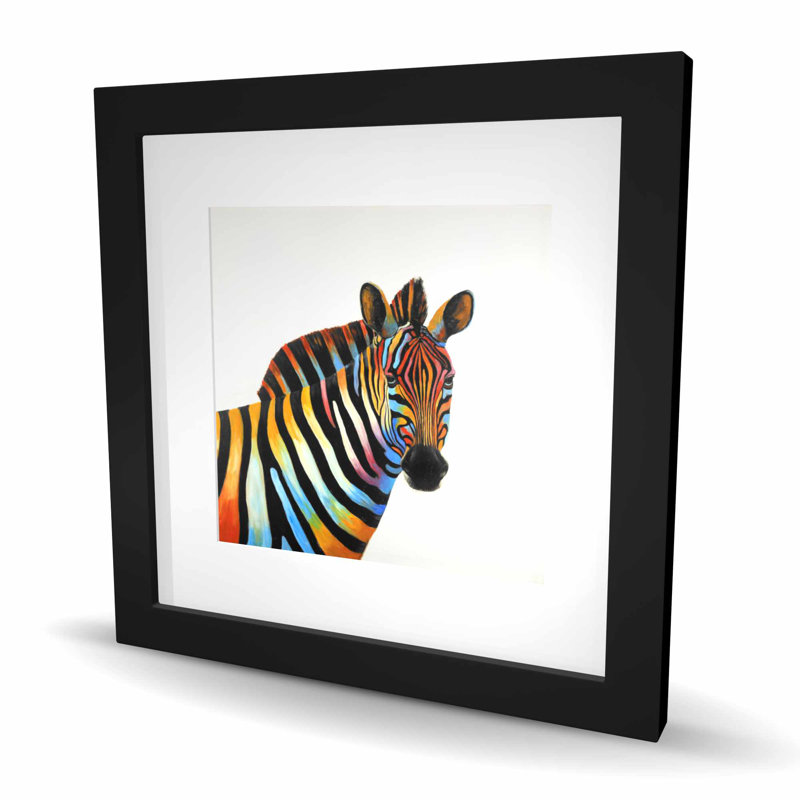 Vue de profil de zèbre coloré - impression encadrée avec passe-partout, Black, H 16 po x l 16 po