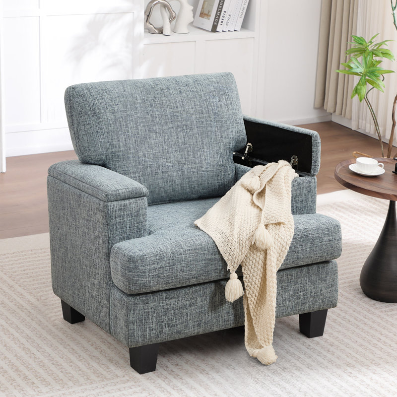 Fauteuil rembourré avec rangement intérieur pour accoudoirs, Bleu clair