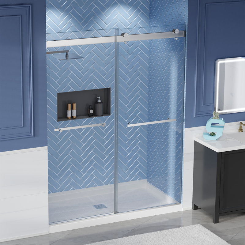 Porte de douche coulissante double sans cadre l 55 à 59 po x H 75 po, porte de douche en verre trempé 5/16 po, Nickel brossé
