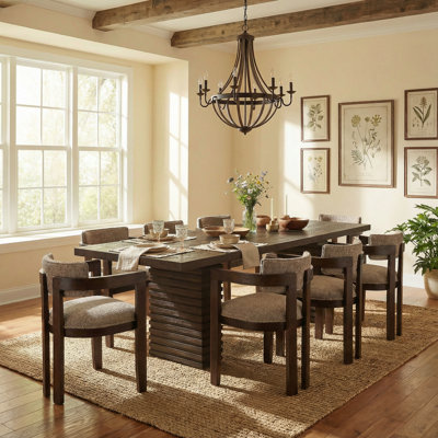 Fernand 9-Piece Mid-Century Modern Wood Dining Table Set With Upholstered Chairs