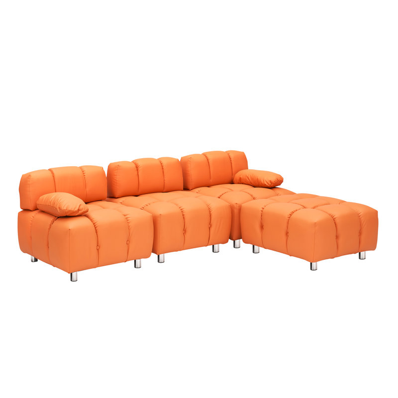 Canapé capitonné capitonné, Cuir orange, H 27,56 po x l 90,6 po x P 33,5 po