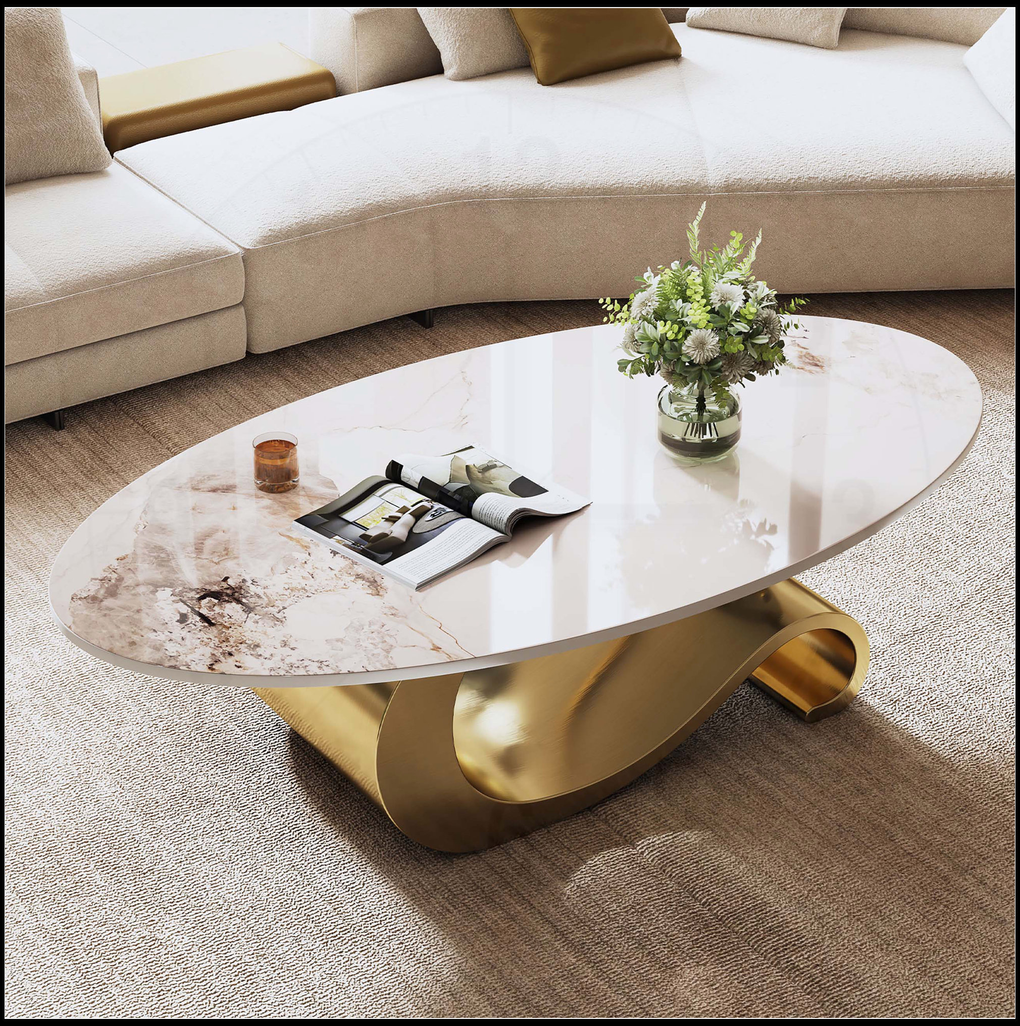 Hokku Designs 49.2 Inch Faux Marble Oval Coffee Table with Contemporary ...