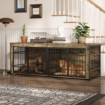 78.7" Wooden Crate TV Stand with Divider, Lockable Dog Kennel End Table for Large & Medium Dogs