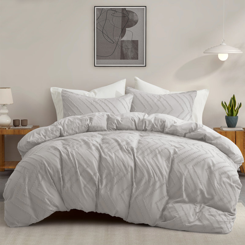 Ensemble de housse de couette brodée réversible à fermeture à glissière Averyonna, Vague gris clair