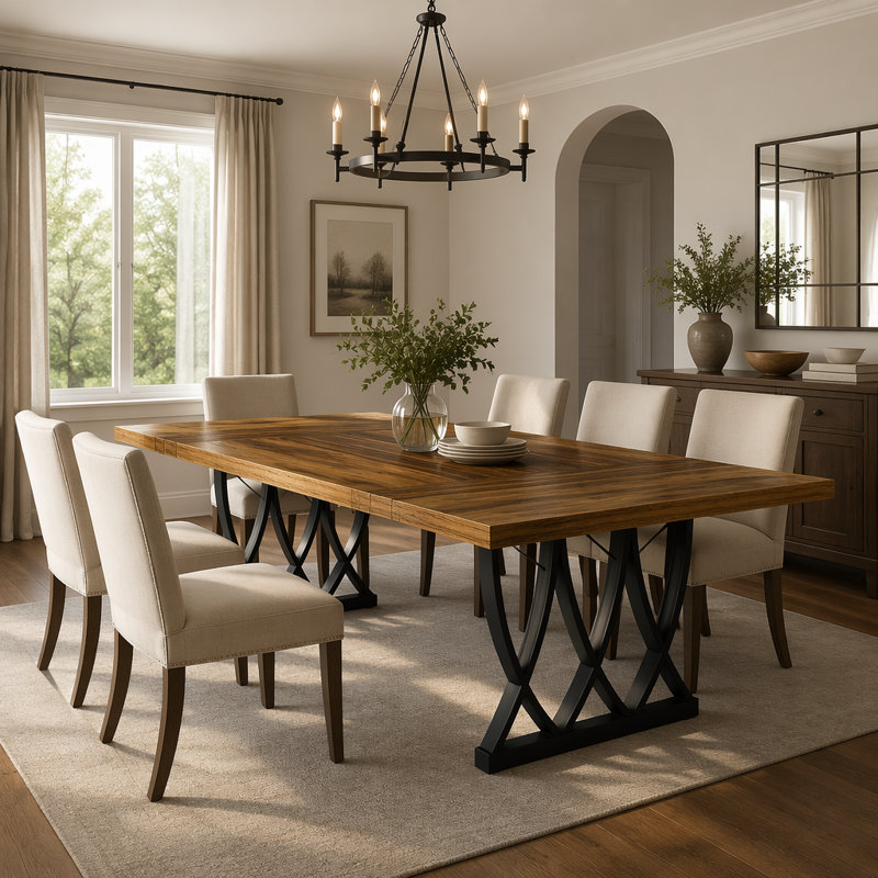 Table de salle à manger rétro en bois avec structure en métal robuste pour six à huit personnes