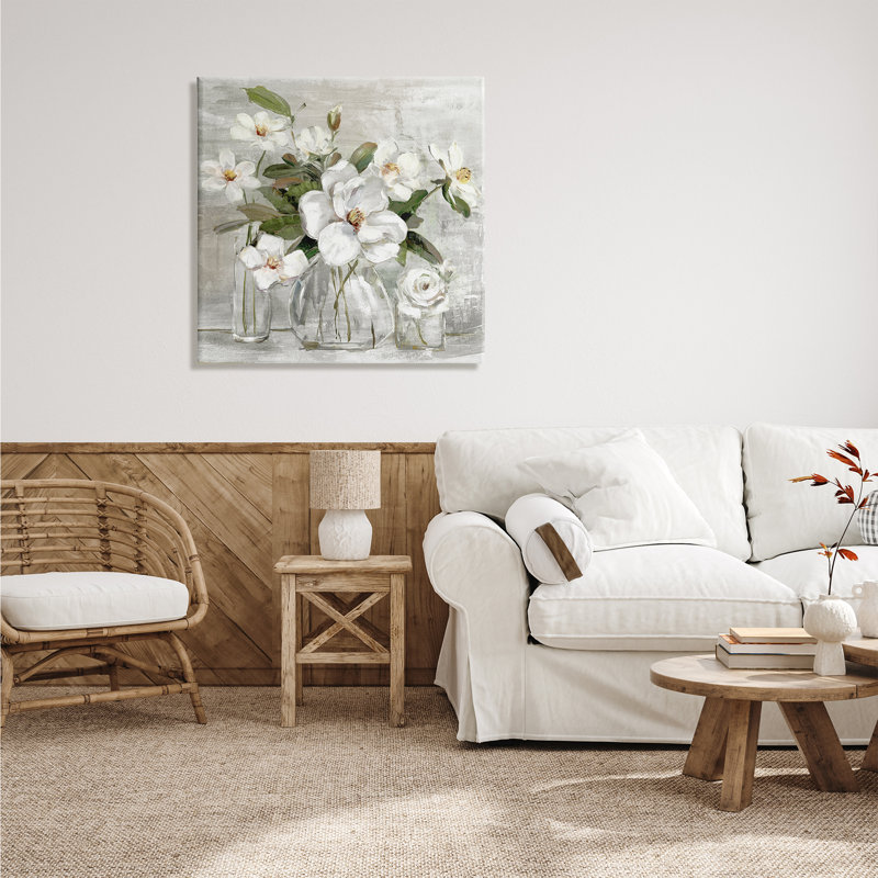 "Blooming White Florals", peinture vieillie sur toile, nature morte, H 30 po x l 30 po x P 1,5 po