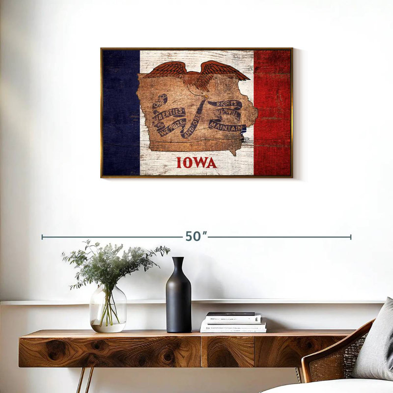 Carte d'État sur le drapeau de l'Iowa, Cadre flottant doré, 31 po x 21 po