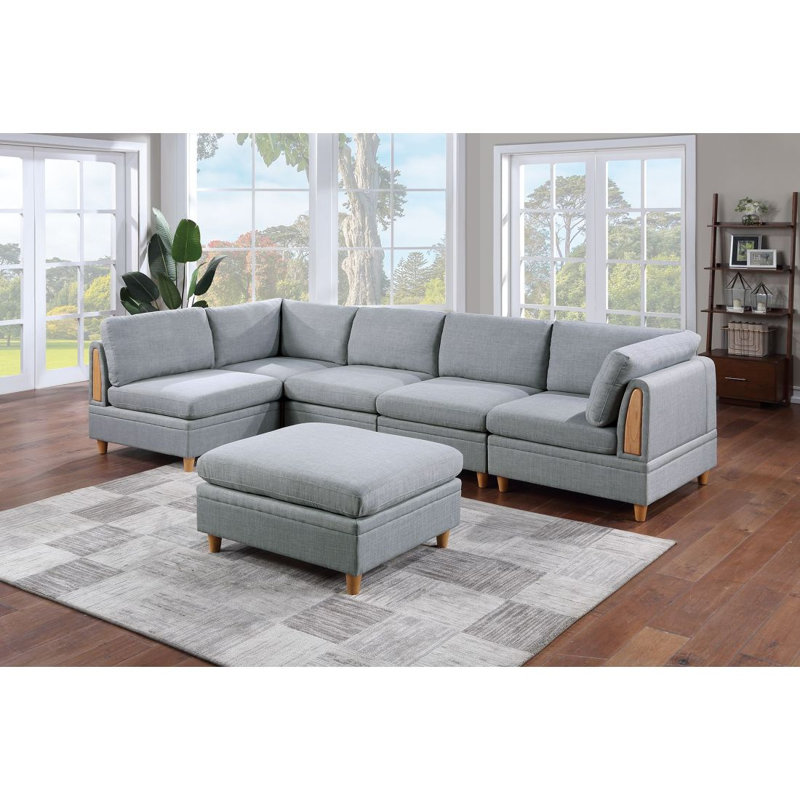 Contemporary Living Room Furniture 6Pc Modular Corner Sectional Set Dorris Fabric Couch 2X Wedges 3X Armless Chair And 1X Ottoman