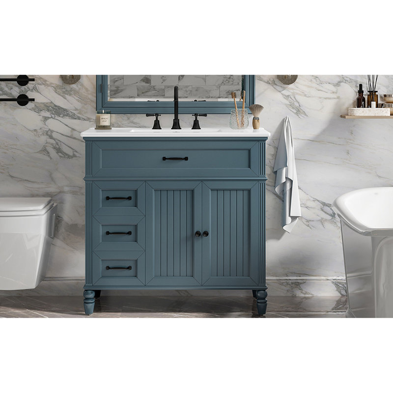 Meuble-lavabo autoportant bleu de 36 po, lavabo encastré en bois massif et en céramique, une armoire, deux tiroirs, poignées en métal, mélange de revêtement antitache, noir rétro lisse facile à entretenir