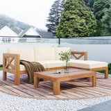 Outdoor Backyard Patio Wood 5-Piece Sectional Sofa Seating Group Set With Cushions, Natural Finish