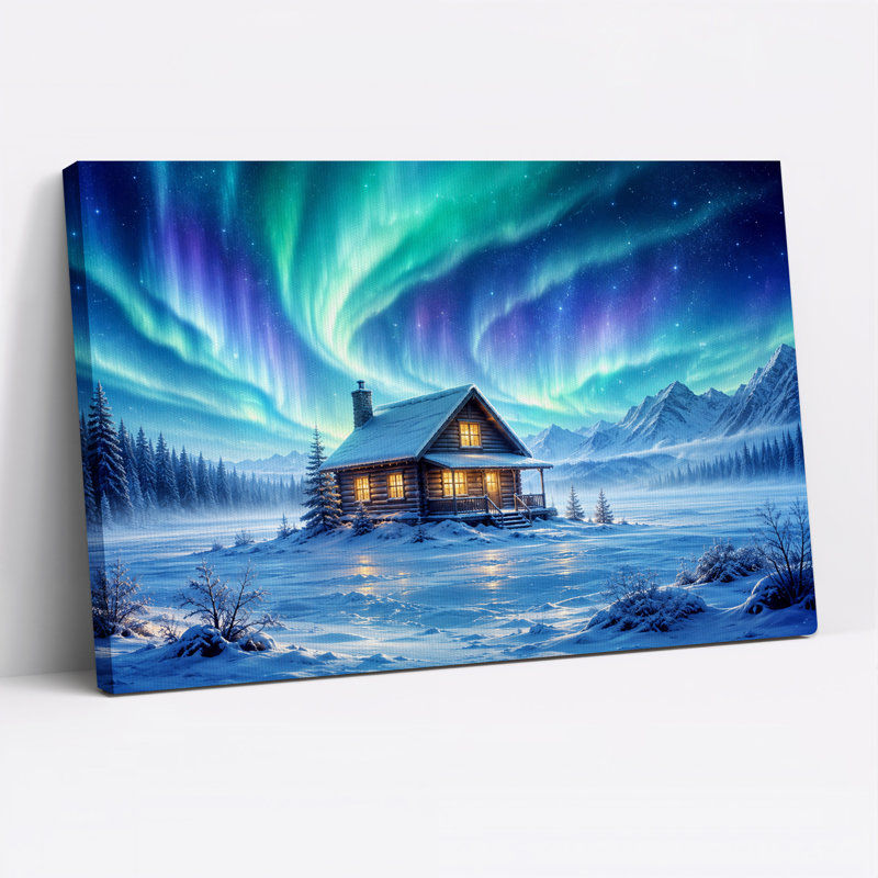 Cabane en bois rond illuminée sous une aurore boréale verte pour l'Halloween - Toile murale, H 20 po x l 30 po