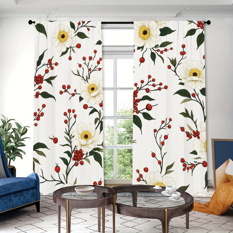 2Pcs White Floral Berry Pattern Curtains, Rod Pocket Window Drapes, Elegant Natural Design, Living Room Bedroom Study Window Decor