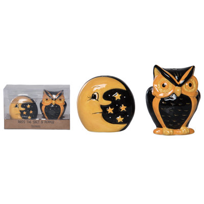 Dolomite Vintage Owl Salt and Pepper Set of 2, Salt and Pepper Shaker, Black, Ceramic, Table, Kitchen, Halloween, Tabletop