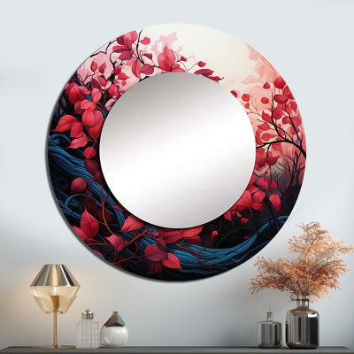 Rushan rouge et noir minimaliste botanique feuilles - miroir décoratif de feuilles, miroir mural rond traditionnel, impression d'art en métal