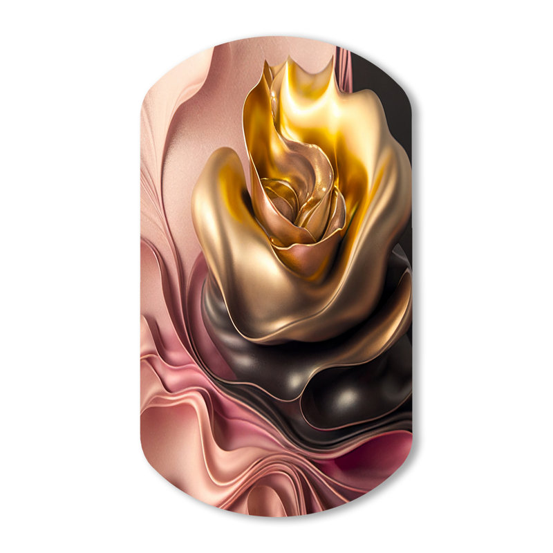 Élégantes fleurs glamour en or et taupe I - art mural asymétrique en forme de cylindre floral, H 43 po x l 23 po