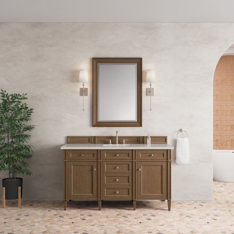 Meuble-lavabo simple 60 po Dussault, Blanc de Carrare, Brun selle, 8 po