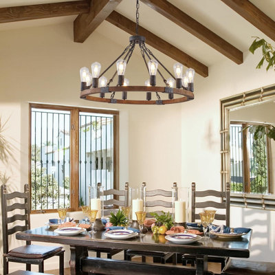 Luminaire suspendu en bois rustique avec 12 lumières pour salle à manger, salon, vestibule, vestibule Farmhouse