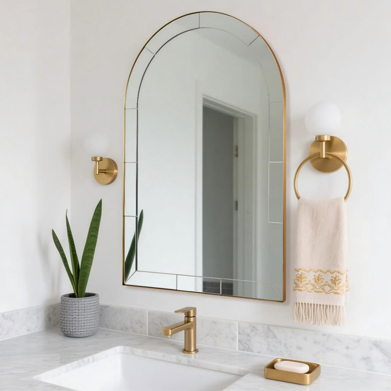 Minuette Glass Tile Edge Arched Mirror Bathroom Vanity Mirror | Stainless Steel Frame, Brushed Gold