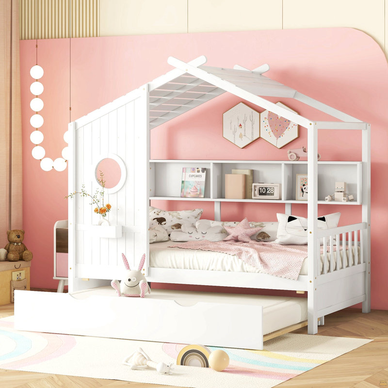 Wooden Twin Size House Bed With Trundle, Twin