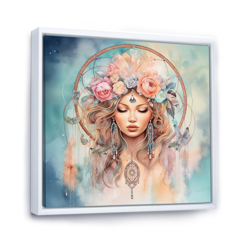 Pink Dream Catcher Ethereal Weavings - Landscapes Wall Art Prints, H 16 po x l 16 po x P 1 po, Cadre flottant blanc