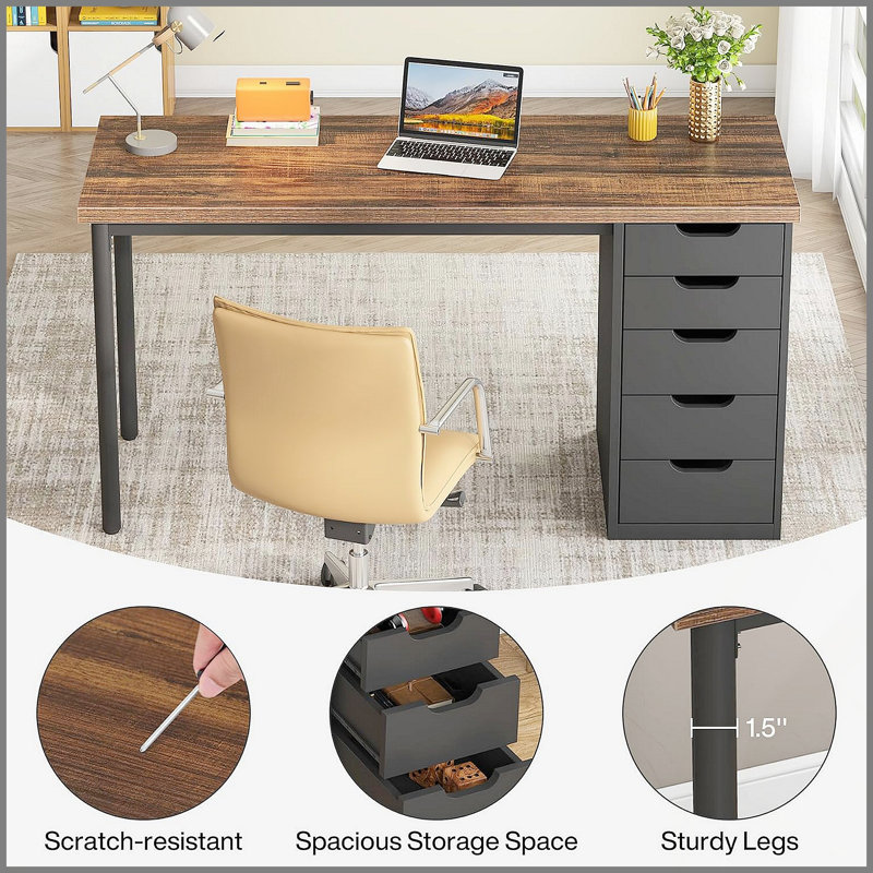 Bureau d'ordinateur de 47 pouces avec 5 tiroirs et armoire réversible, brun rustique et noir, idéal pour les petits bureaux à domicile et les zones d'étude