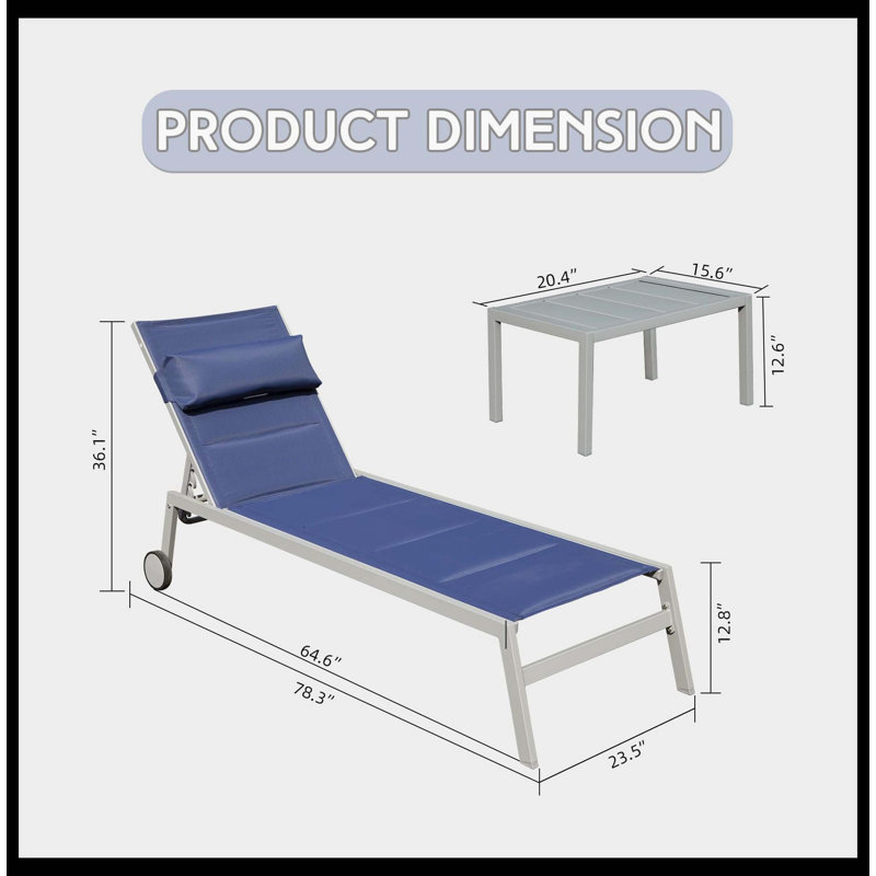 Outdoor Patio Chaise Lounge Set Of 3, Rust-Proof Aluminum Pool Lounge Chairs With Side Table & Easy-Roll Wheels, PVC-coated polyester Padded Adjustable Recliners With All-Weather Performance For Poolside, Beach, Yard & Balcony (Navy Blue)