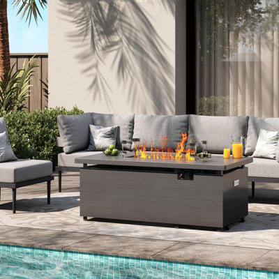 51" H X 21" W Metal Propane Outdoor Fire Pit Table With Cover, Crystals