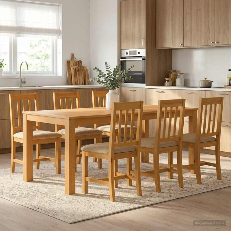 Oak Solid Wood Dining Set, 75cm H x 200cm W x 100cm D, Beige, 7