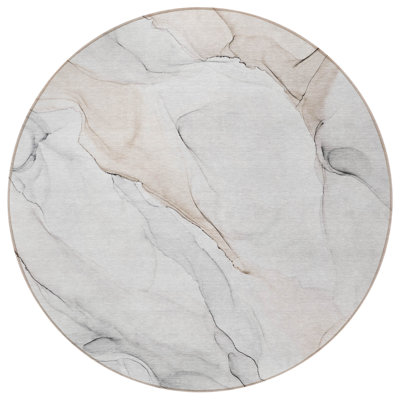 8' Round Beige Ivory and Gray Round Abstract Washable Non Skid Indoor Outdoor Area Rug
