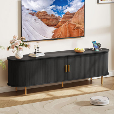 55 Inch Fluted Curved TV Stand with Built-In Power Outlet, Media Console Fits TVs Up to 60 Inch, Sliding Door Entertainment Center with Adjustable Storage Shelves for Living Room