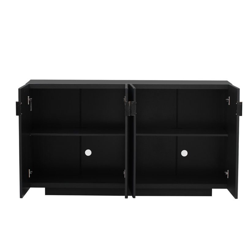 Buffet noir de salle à manger et de salon, 4 portes ondulées, espace de rangement généreux, tablettes réglables, structure noire avec une grande capacité pour la maison, pièce
