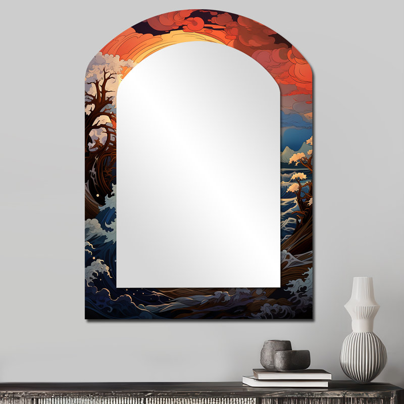 «Ocean Charm Vivid Wood Cut Effect I», miroir mural décoratif asymétrique océan, 34 po x 25 po