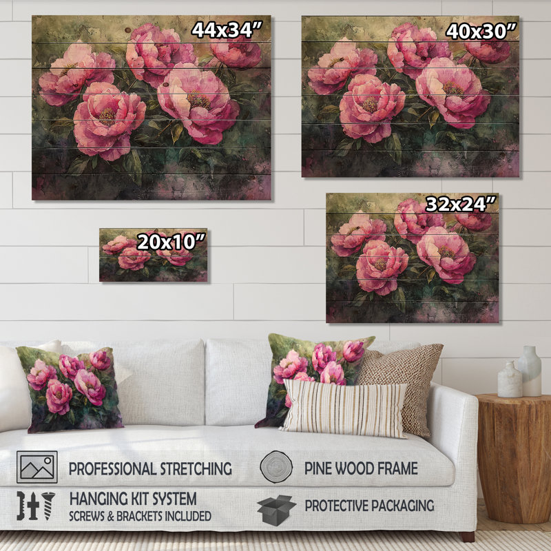 Été rose aquarelle pivoines Bloom III - décoration murale en bois pivoines - sur bois de pin naturel