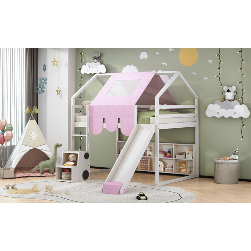 Full Size Wooden Loft Bed House-Shaped Frame With A Tent, White+Pink, Full, White