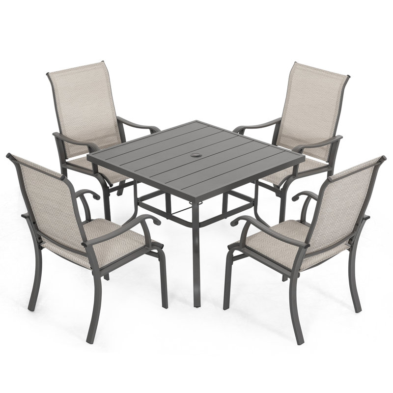 Patio Metal PVC-coated polyester Dining Set Of 5 With Umbrella Hole And High Backrest