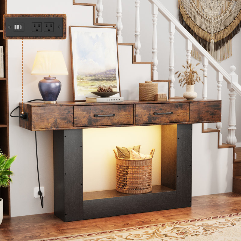 63" W Farmhouse Style Wooden Rectangular Console Table, U-Shape Leg Behind The Couch Sofa Table, Brown/Black