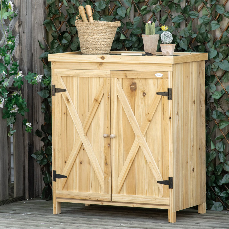 Outdoor Storage Basket With Galvanized Lid. 2 Shelves For Gardening Tools. Natural Appearance, Rust- Pool Accessories Cabinet. Top & Shelves. Wood Look, Waterproof, Ideal Outdoors