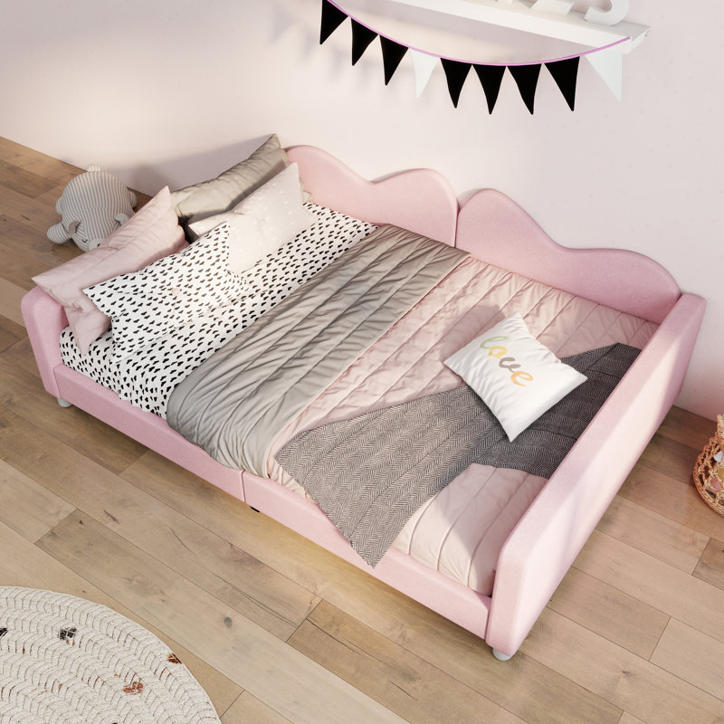 Comfortable Children Sherpa Fabric Upholstered Daybed With Cloud-Shaped Backrest, Full, Pink