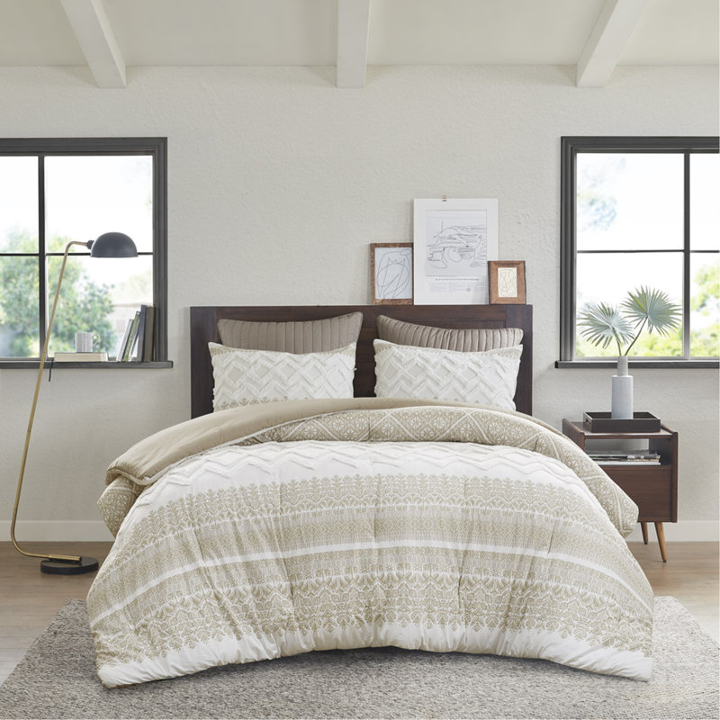 Ensemble d'édredon en coton 3 pièces avec grand capitonnage en chenille taupe, Édredon pour grand lit + 2 taies décoratives