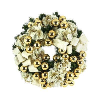 26" Holiday Wreath With Hydrangeas, Ornaments, And Velvet Bows
